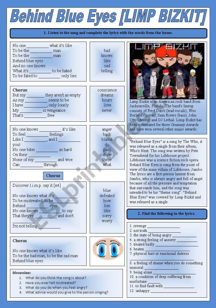 SONG!!! Behind Blue Eyes [LIMP BIZKIT] - Printer-friendly version included